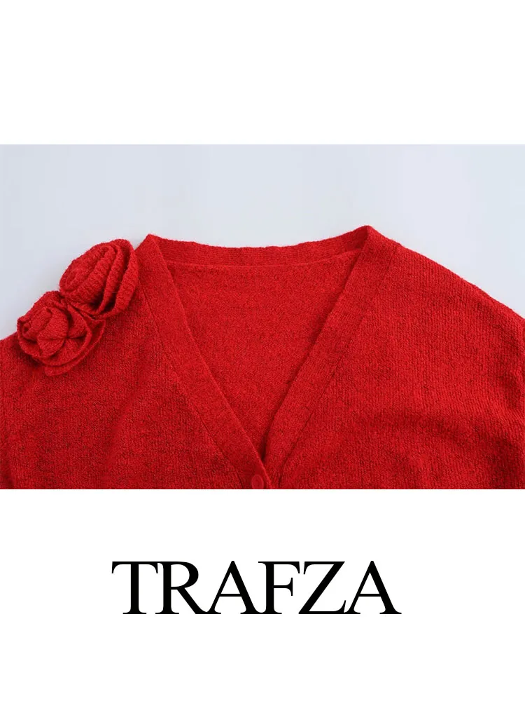 Trafza outono camisola casacos mulher na moda vermelho com decote em v mangas compridas apliques decorar único breasted cardigan feminino topo de malha