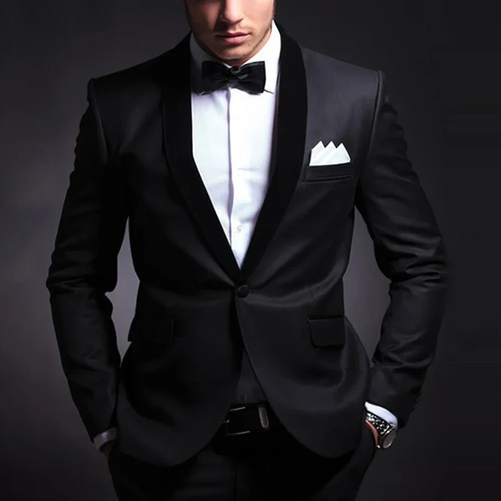 

High Quality Men's Suits Black Gentlemen Outfits Regular Length Single Breasted Shawl Lapel Wedding Male Clothing Prom Terno