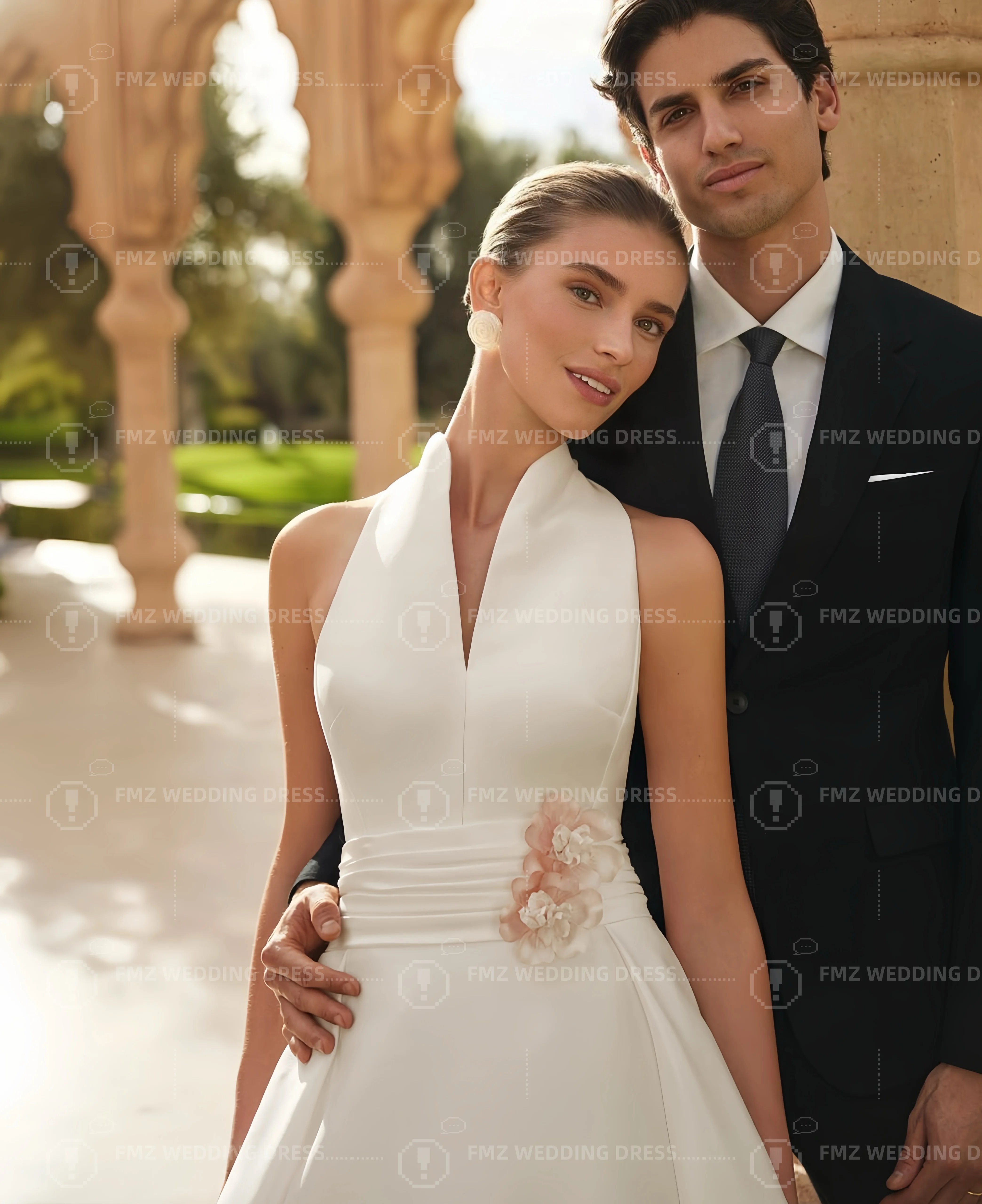 Customzied High collar sleeveless A-LINE satin elegant wedding dress vestidos de novia amanda novias amanda novias official