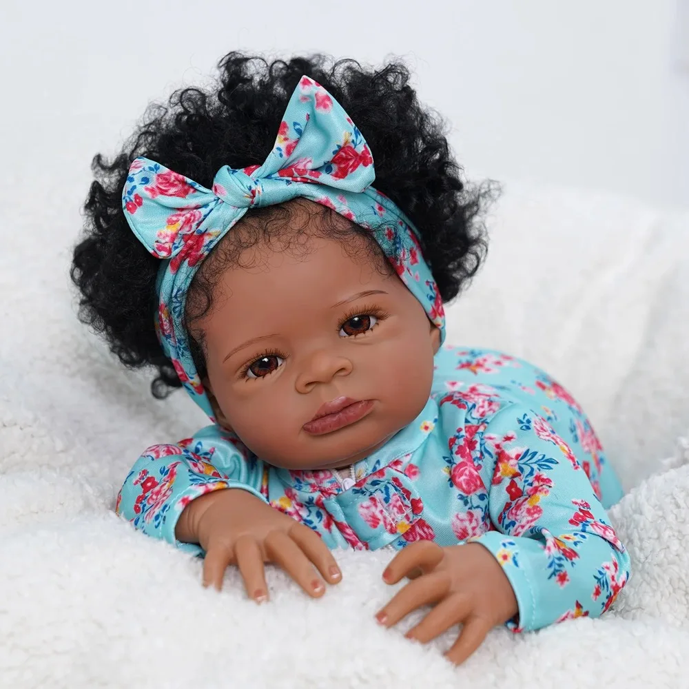 MRB 50CM African American Reborn Baby Doll Lanny Dark Skin Girl Cuddly Doll Lovely Black Girl Collectible Art Christmas Doll