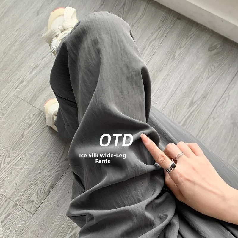 

Женские летние тонкие драпированные брюки из ледяного шелка Mountain с высокой талией, прямые брюки небольшого размера, повседневные хлопковые и льняные широкие брюки