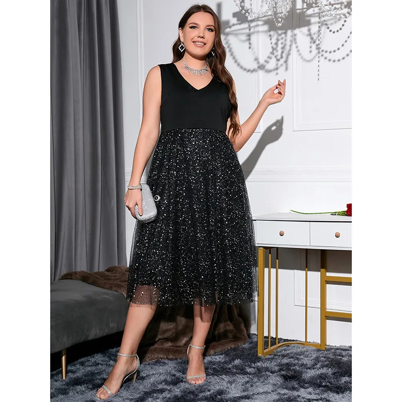 Sukienki Plus Size Damskie Patchworkowe Siateczkowe Bez Rękawów Z Odkrytymi Ramionami Trapezowe Eleganckie Wieczorowe Seksowne Sukienki na Imprezę Vestidos