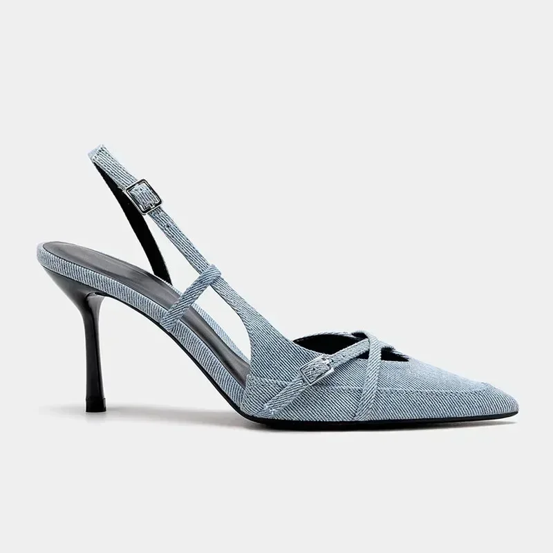 Sexy Pointed Toe High Heel Sandals for Lady Blue Denim Stilettos Fashion Buckle Strap Elegant Women's Shoes 2025 Summer Footwear image 6