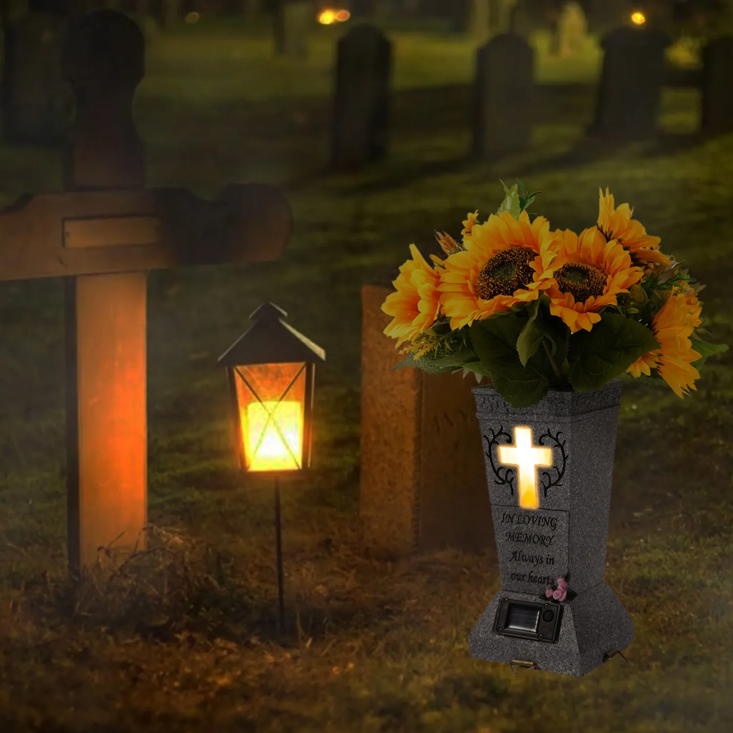 

Grave Vase Solar Angel Garden Statue Outdoor Memorial Plaque Sympathy Gift Cemetery Decoration for Grave Waterproof Cross Light