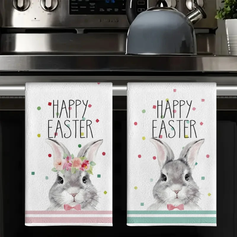 2Pcs, Easter Polka Dot Wreath Bunny Kitchen Towel, 40Cm*60Cm Towel Set, Super Absorbent Soft Cleaning Cloth, Cooking and Baking Tea Towel, Hand Towel, Cleaning Cloth, Dishwashing Cloth, Kitchen Decoration, Living Room Decorations, Kitchen Essentials, Home Essentials