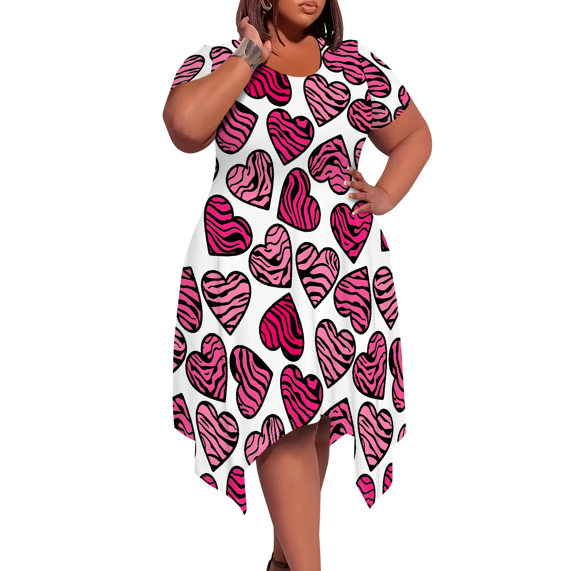 Plus Size Funky Heart Star Print Dress Short Sleeve Casual Summer Streetwear Irregular Hem Style