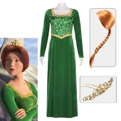 Woman Girls Princess Green Dress Fiona Dress Shrek Cosplay Costume Wig Halloween Fancy Fantasy Party Suit Role play for Adult