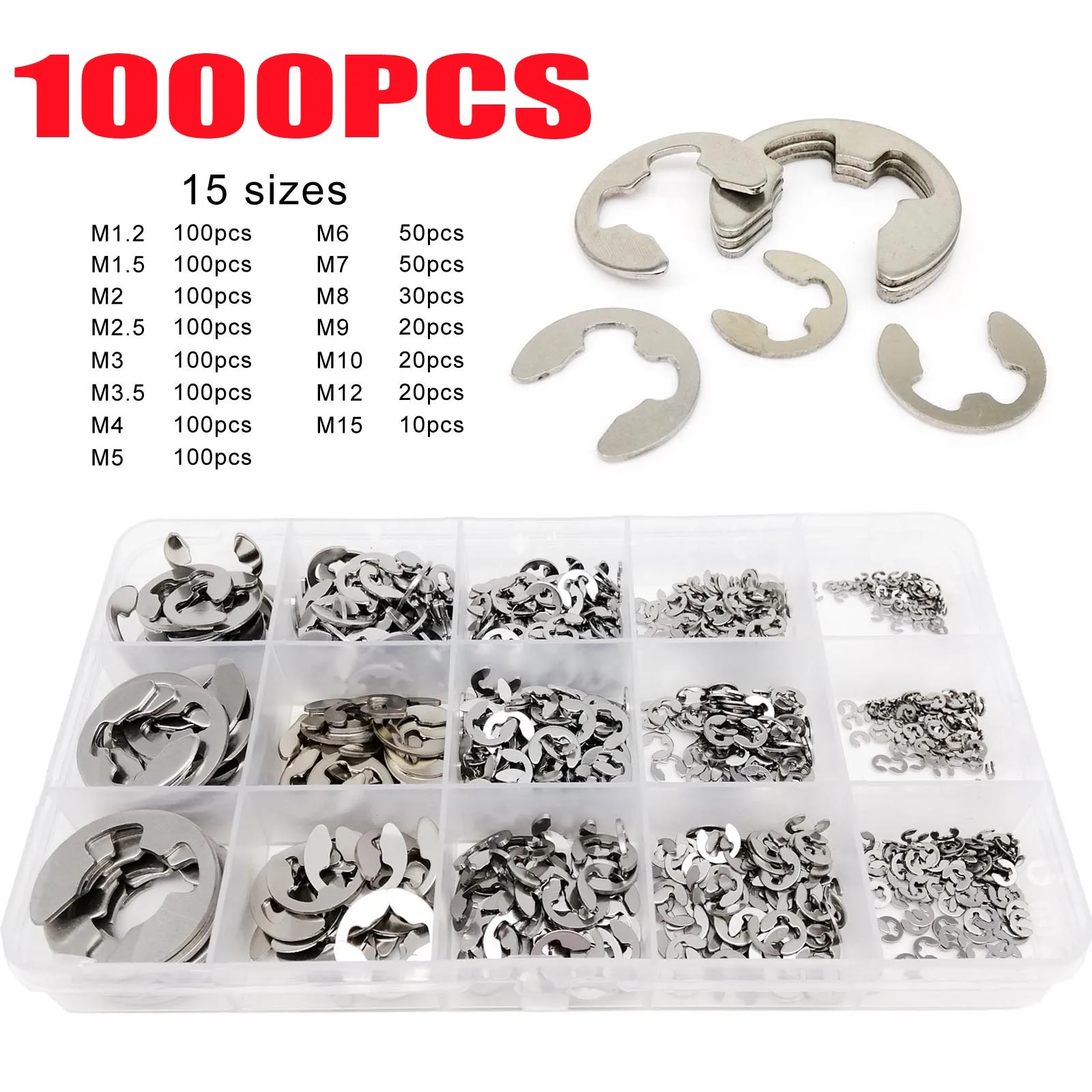 580/1000pcs Washer M1.2 to M15 304 Stainless Steel External Retaining Ring E Clip Snap Circlip Washer for Shaft Assortment Kit