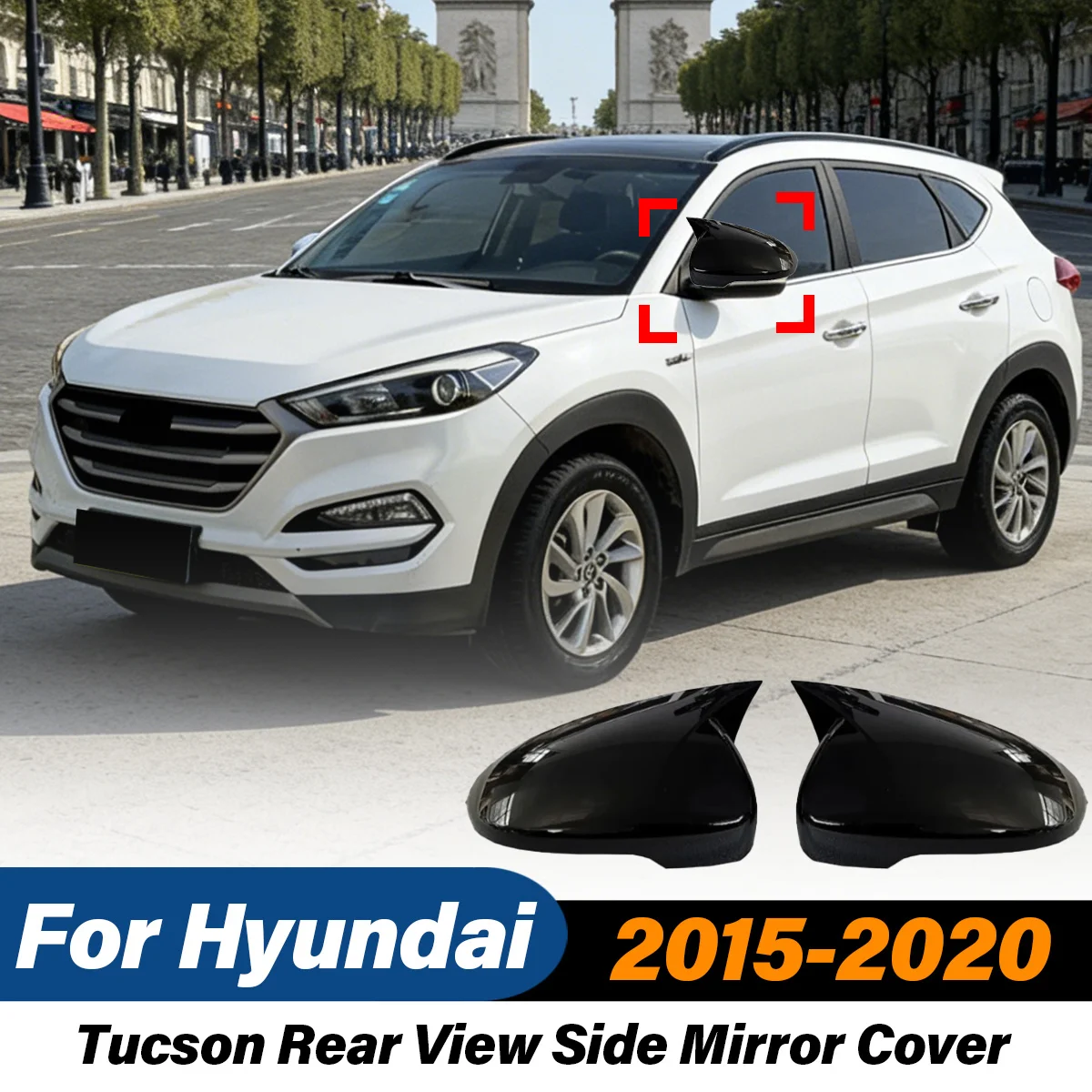 For Hyundai Tucson 2015 2016 2017 2018 2019 2020 Car Ox Horn Style Rearview Mirror Cover Gloss Black Side Mirror Cap Body Kit