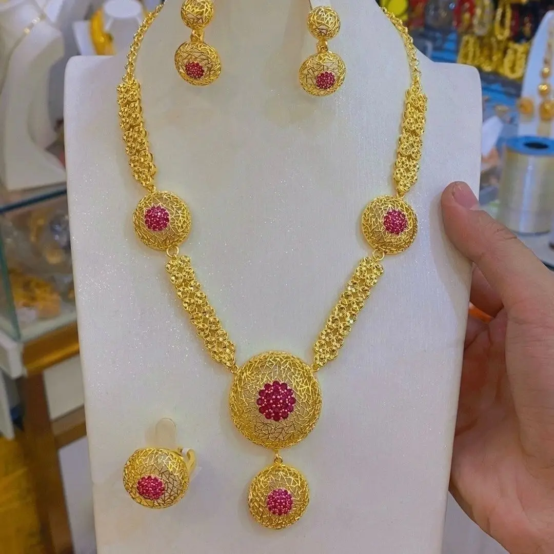 

New 24K Gold Plated Dubai Jewelry Round Hollow Necklace Ring Bracelet Women's Earrings Fashion Wedding Set Of Four
