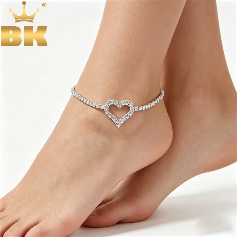 

THE BLING KING 3mm Tennis Link Hollow Heart Anklet Iced Out Cubic Zirconia Adjustable Anklet Women's Luxury Gift Hiphop Jewelry