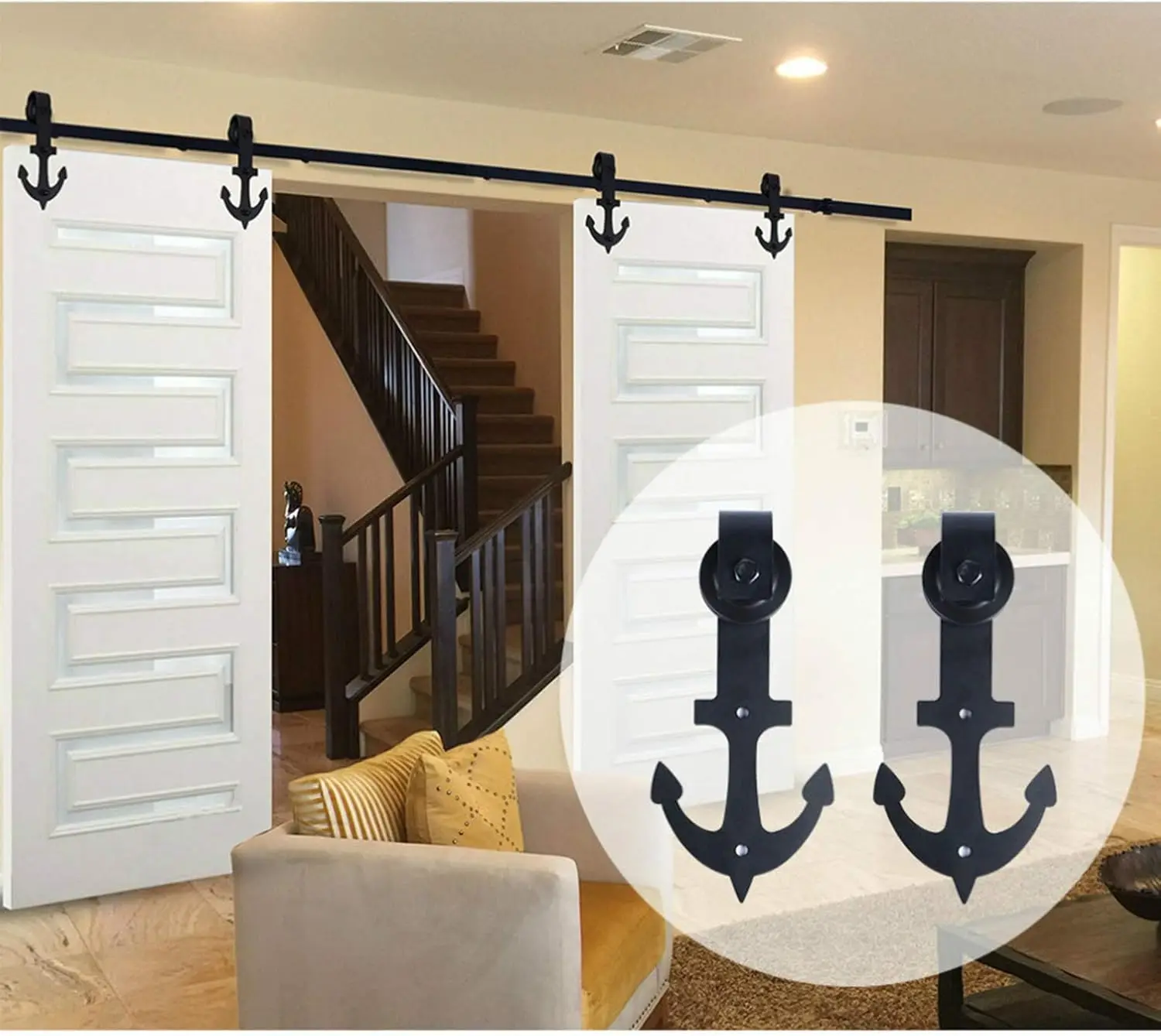 Sliding Barn Door Kit 6Ft-16.4Ft Bypass Sliding Barn Door Hardware Kit, Upgrade Steel Anchor Shaped Hanging Rail, Mute Rollers