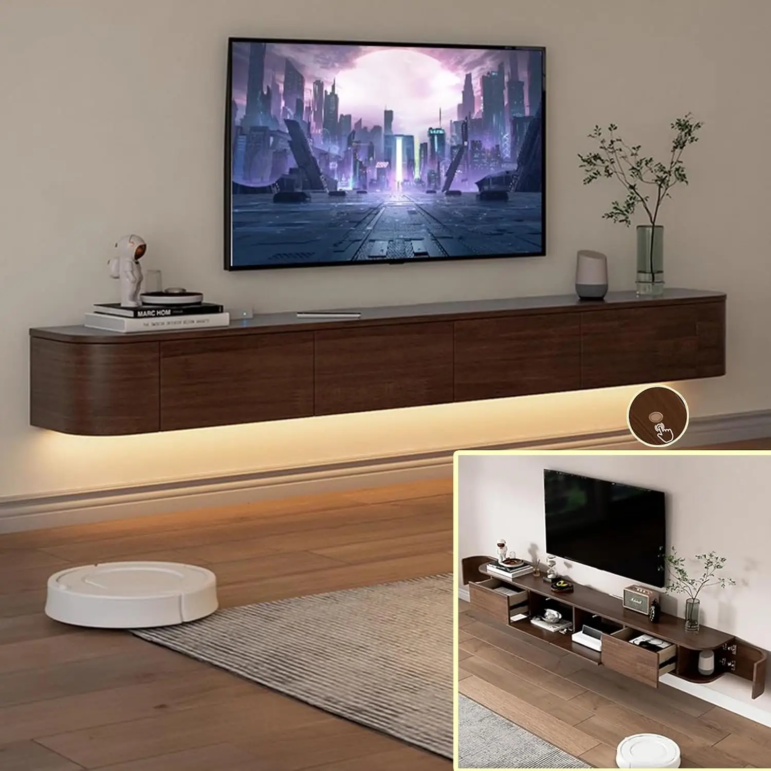 Wall Mounted Floating TV Shelf LED Multi Storage Media Console 94.5x7.9x11.8in, Customized