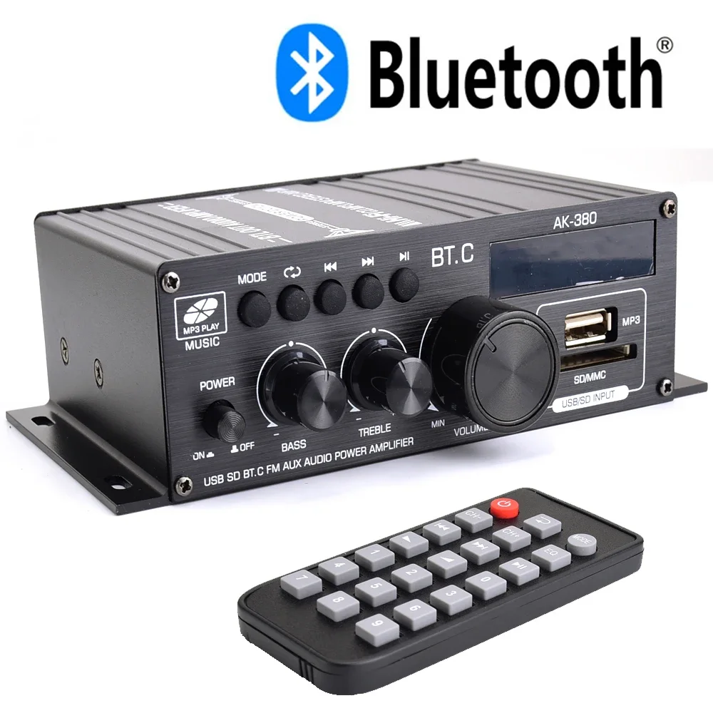 

AK380 HIFI Bluetooth Amplifier Home Digital Audio Channel 2.0 40W+40W Music Player Support FM USB SD Bass and Treble 12V3A