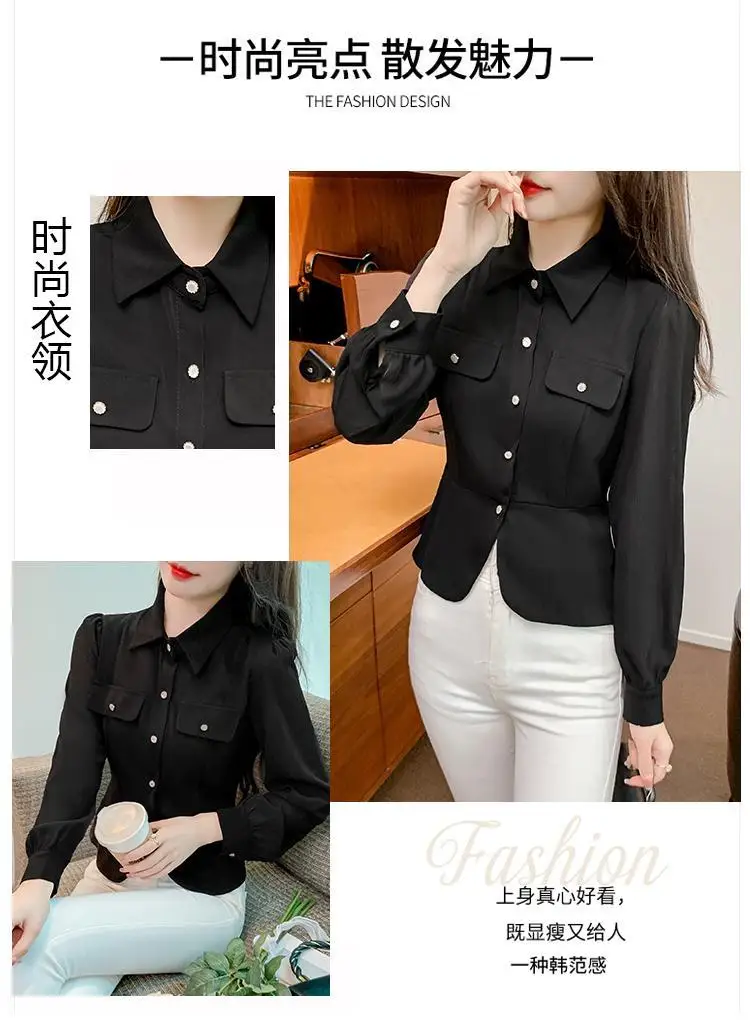 Spring New Style Temperament Lapel Spliced Chiffon Long Sleeved Shirt for Women with a Cinched Waist and Slimming Top