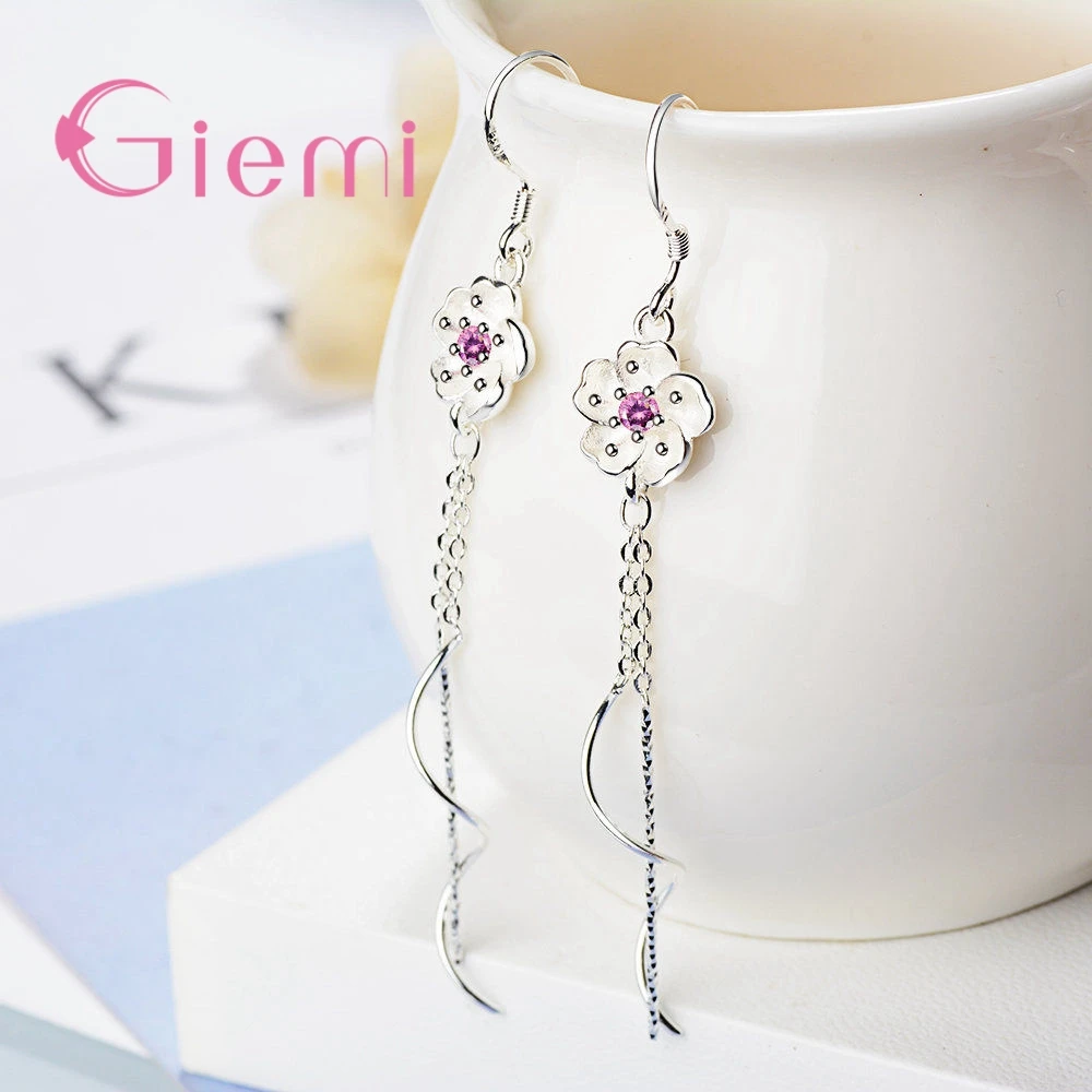 New Arrival Long Earrings 100% 925 Sterling Silver High Quality Pink Cubic Zirconia Pretty Flowers Shape For Women Jewelry
