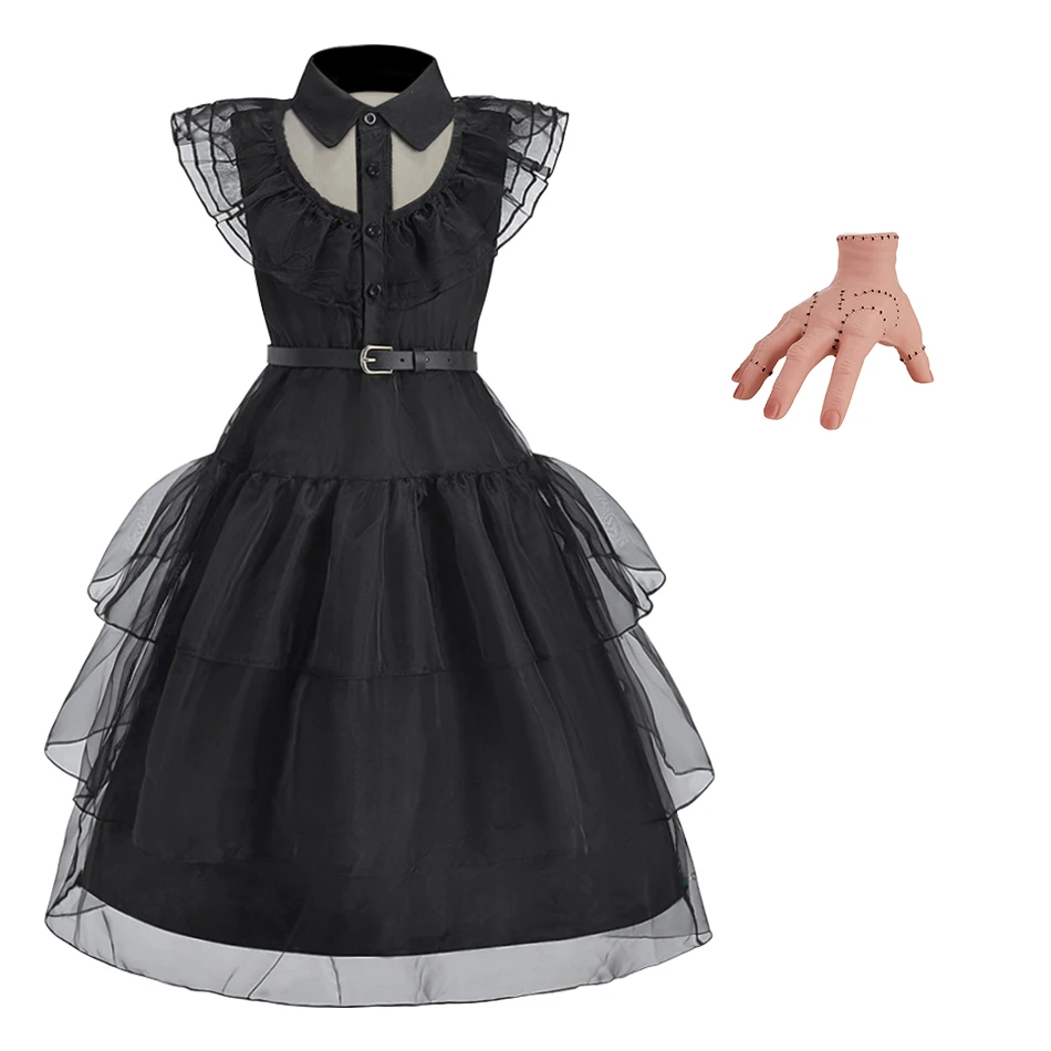 Children Princess Performance Dress Up Little Girls Wednesday Party Fancy Sleeveless Gown Little Kids Addams Cosplay Dresses Set