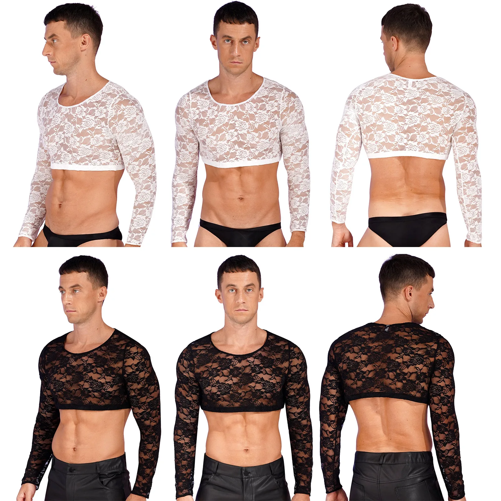 Mens Floral Lace Crop Tops See Through Sissy Sheer Scoop Neck Long Sleeves T-shirt Cropped Vest Tops Blouse Shirt for Club Party