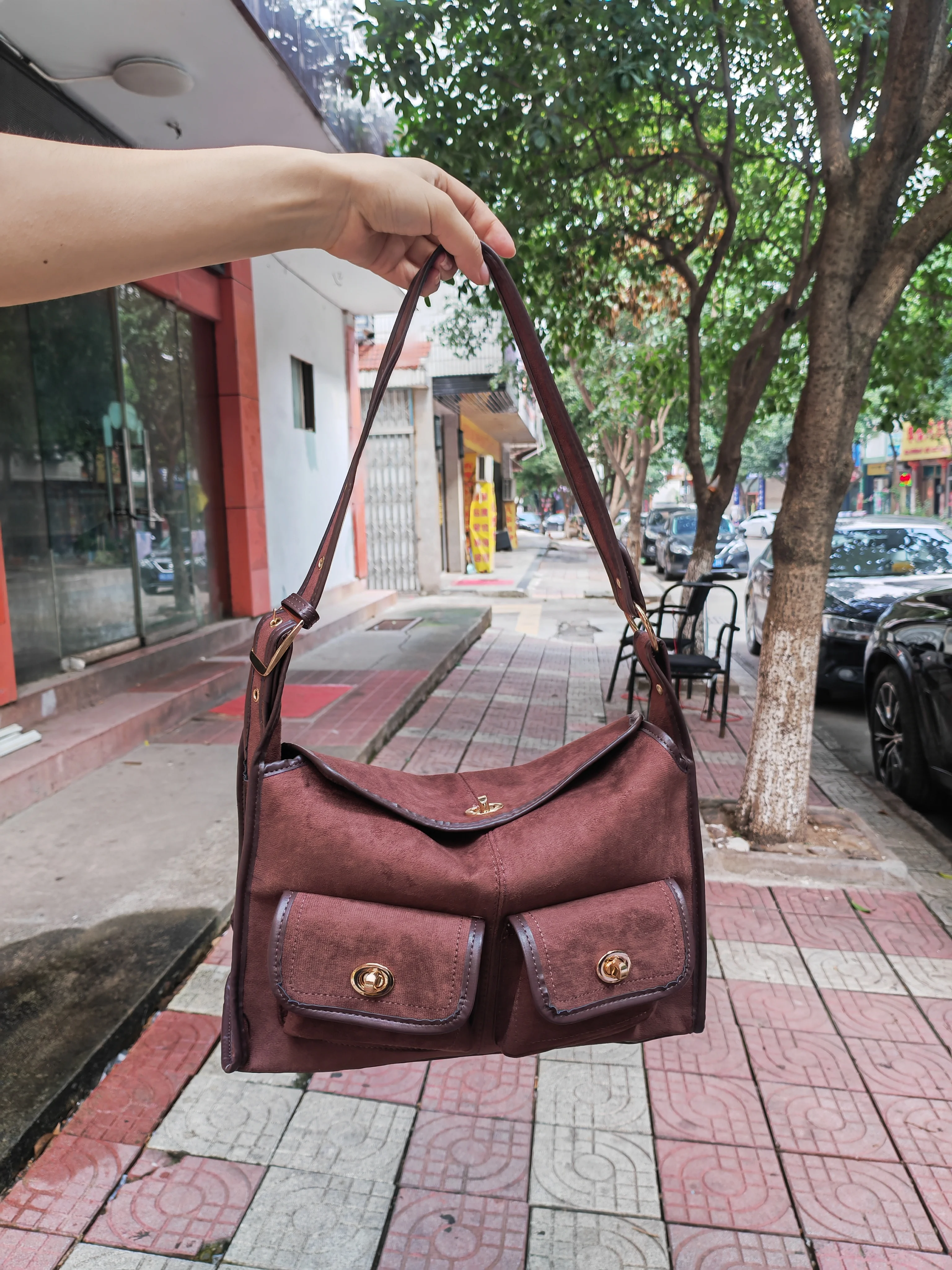 حقيبة كروس بكتف واحد كاجوال للركاب بسعة كبيرة من جلد الغزال حقيبة وسادة بنمط عتيق وبطانة من البوليستر #5