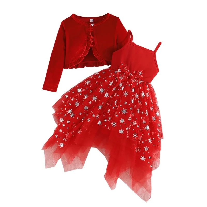 

2025 New Pleuche Velvet Jacket Girls New Christmas Shawl Top + Suspender Snowflake Printed Dress Fashion Suit 2-8Years