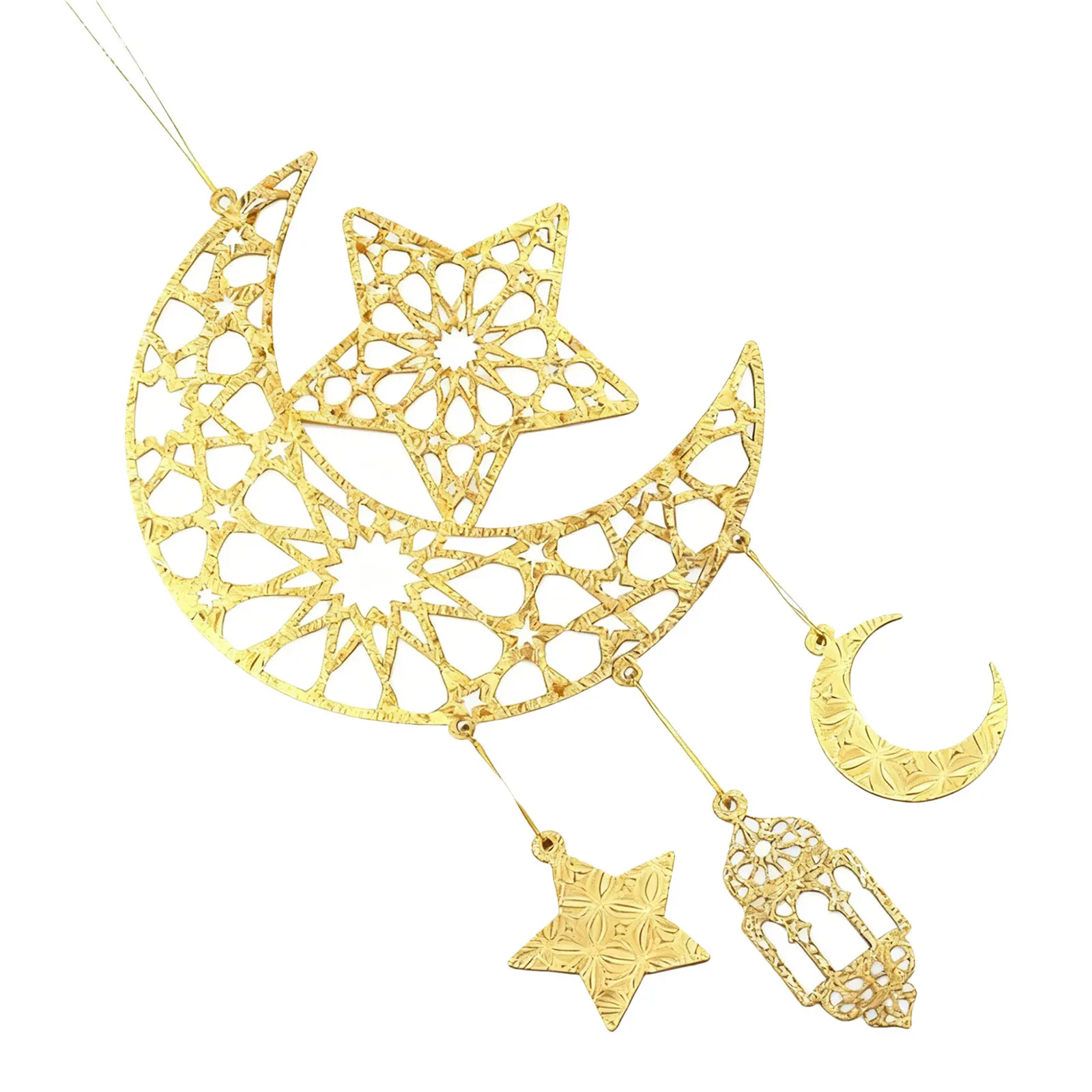 Ramadan Mubarak Hanging Decor Set Hollow Wooden Star Moon Ornament Golden Embossed Islamic Wall Door Living Room Kitchen Eid