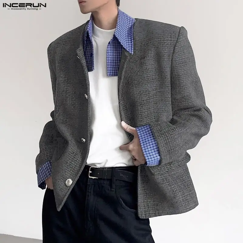 INCERUN 男性ジャケットパッチワークラペル長袖ボタンカジュアルコート男性ストリート 2025 韓国スタイルファッション男性ジャケット S-5XL
