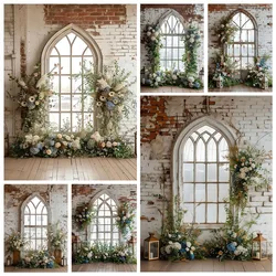 Mehofond Red Brick Wall Backdrop Flower Window Backgrounds Photography Girls Birthday Maternity Wedding Portrait Photo Studio