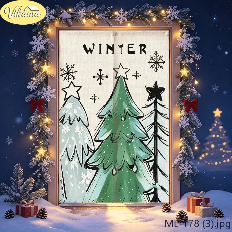 VIKAMA Christmas Door Curtain Light Arch Christmas Tree Holly New Year Door Hanging Home Winter Holiday Decor