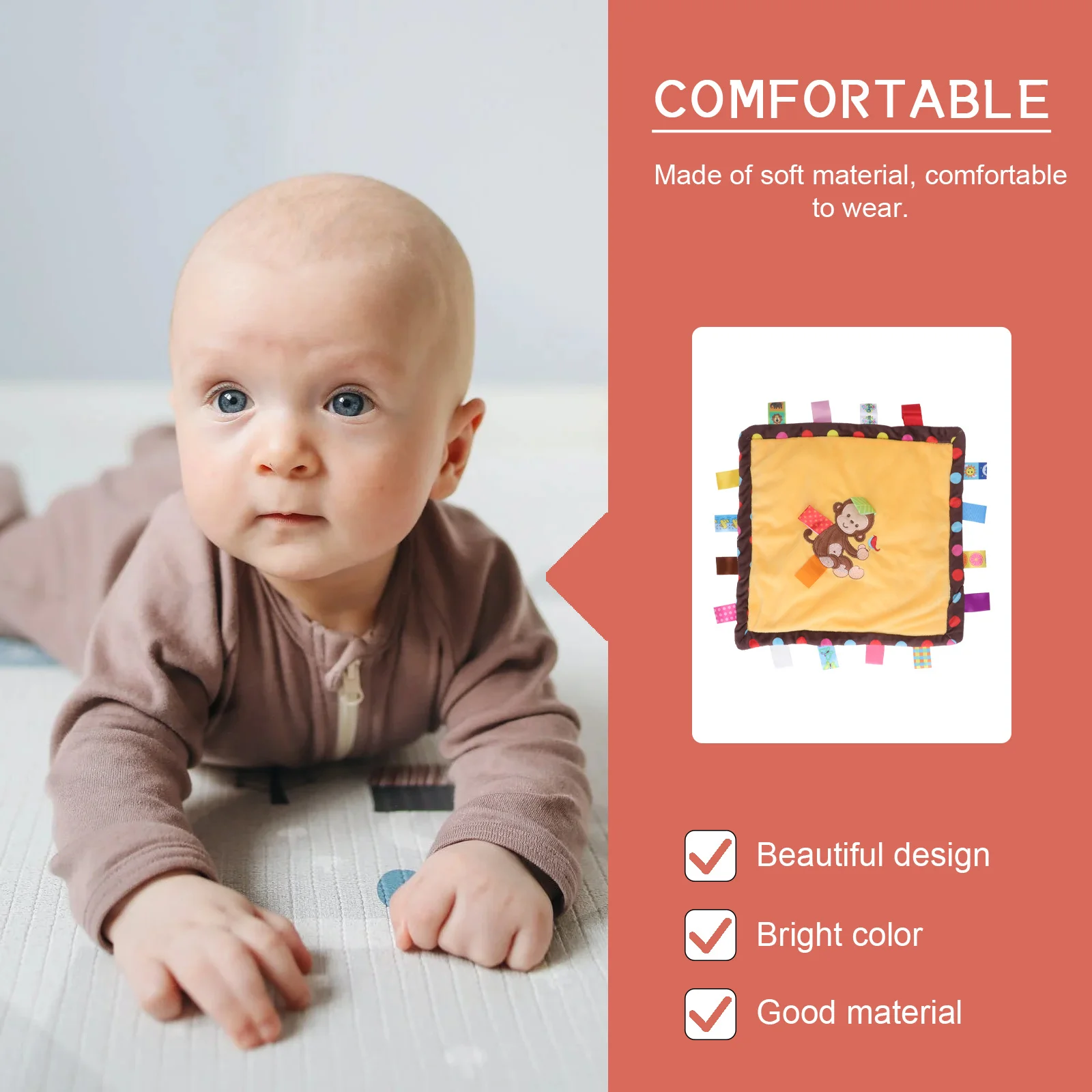 Panno per dentizione scimmia realizzato in cotone premium 16 etichette interattive Panno da masticare per bambini per lenitivo ed esplorazione Cura dentale infantile