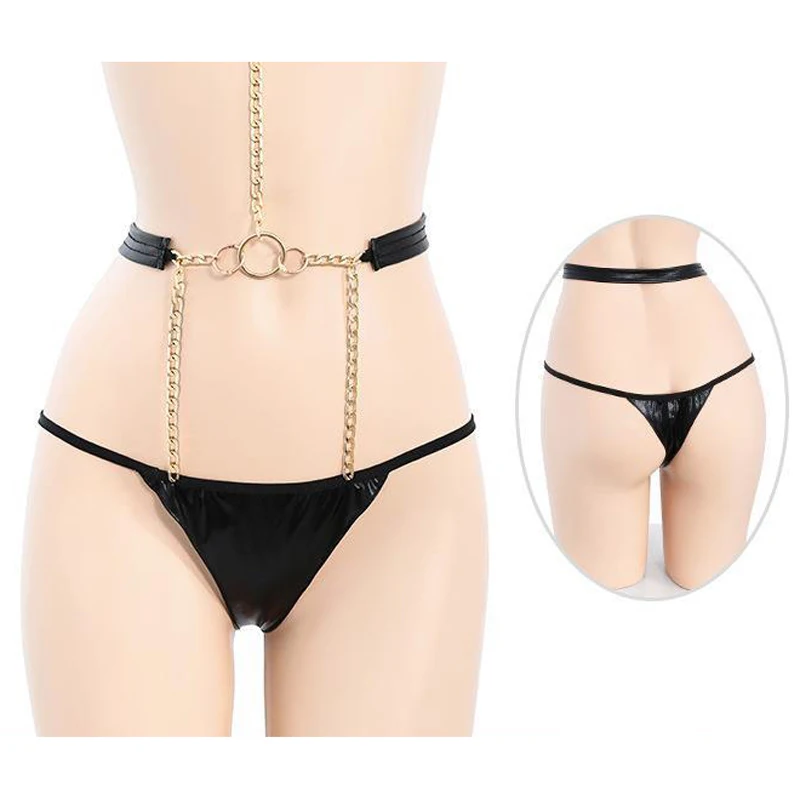 Sexy Faux Leather Traction Bind Underwear Set Gold Chain Cosplay Costume Amine Women Nightwear Role Play Outfits Lingerie Party view 4