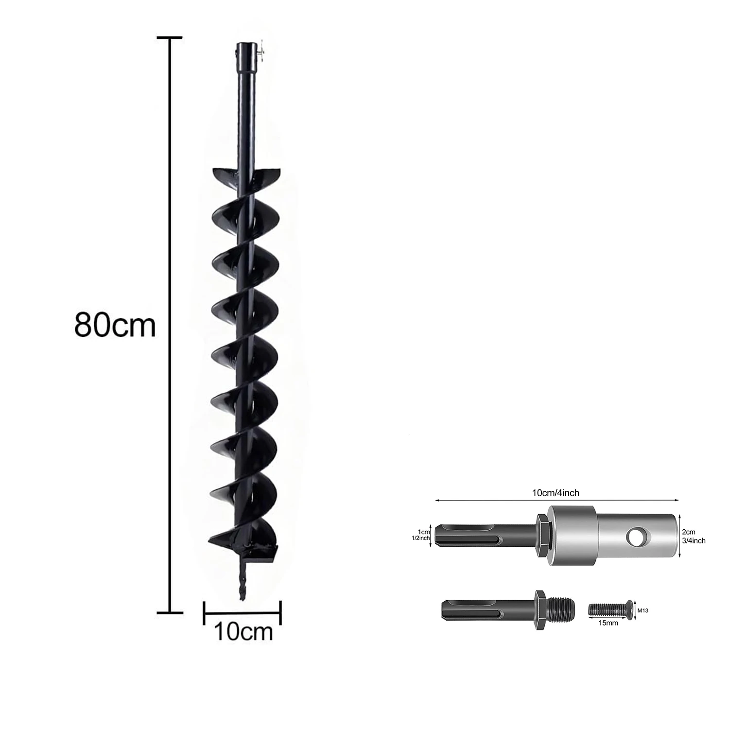 Drill Diameter 100 mm Length 800 mm Steel Garden Drill with Safety Bolt Adapter Garden Spiral Drill Pile Drill Well Drill Black