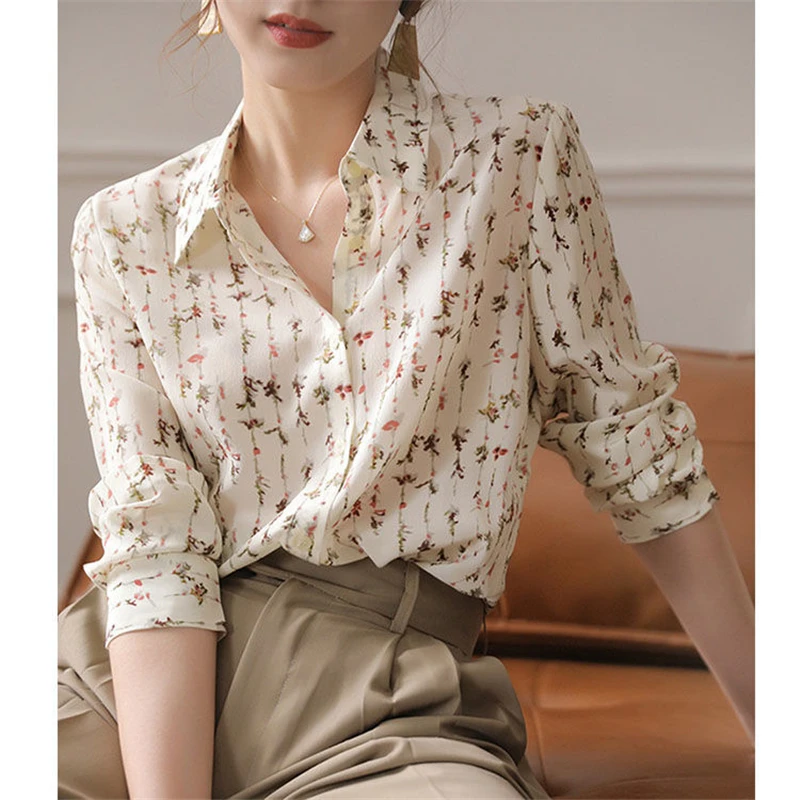 Blusa de manga larga con estampado Floral para mujer, camisa elegante con botones, moda coreana, informal, para oficina, primavera y otoño