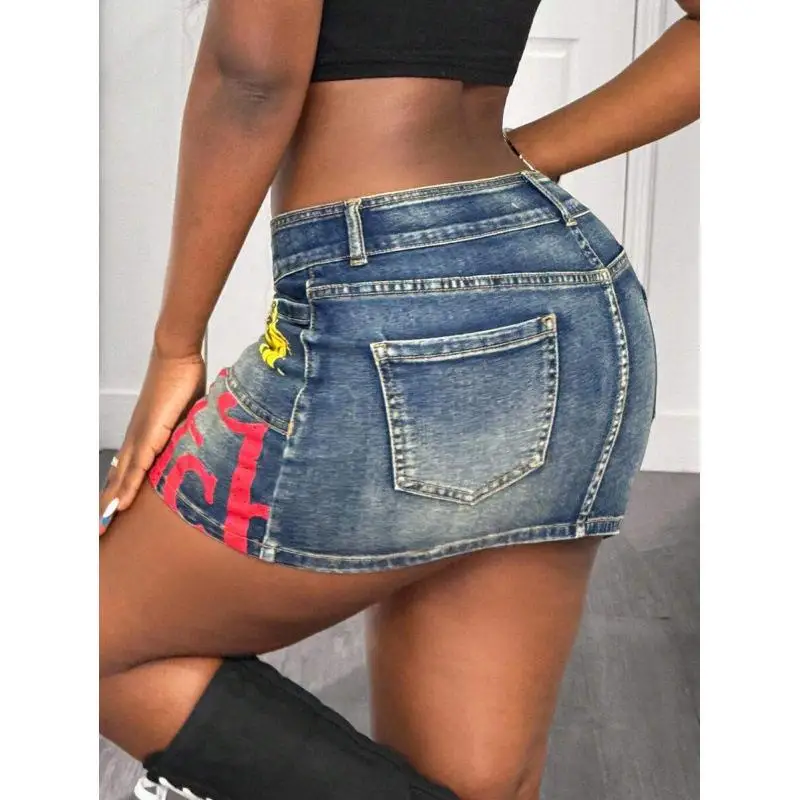 Floral Print Denim Skirt mid Waist Half Skirt Women's Fashion Spring Summer Autumn Casual Comfortable Breathable Skirt
