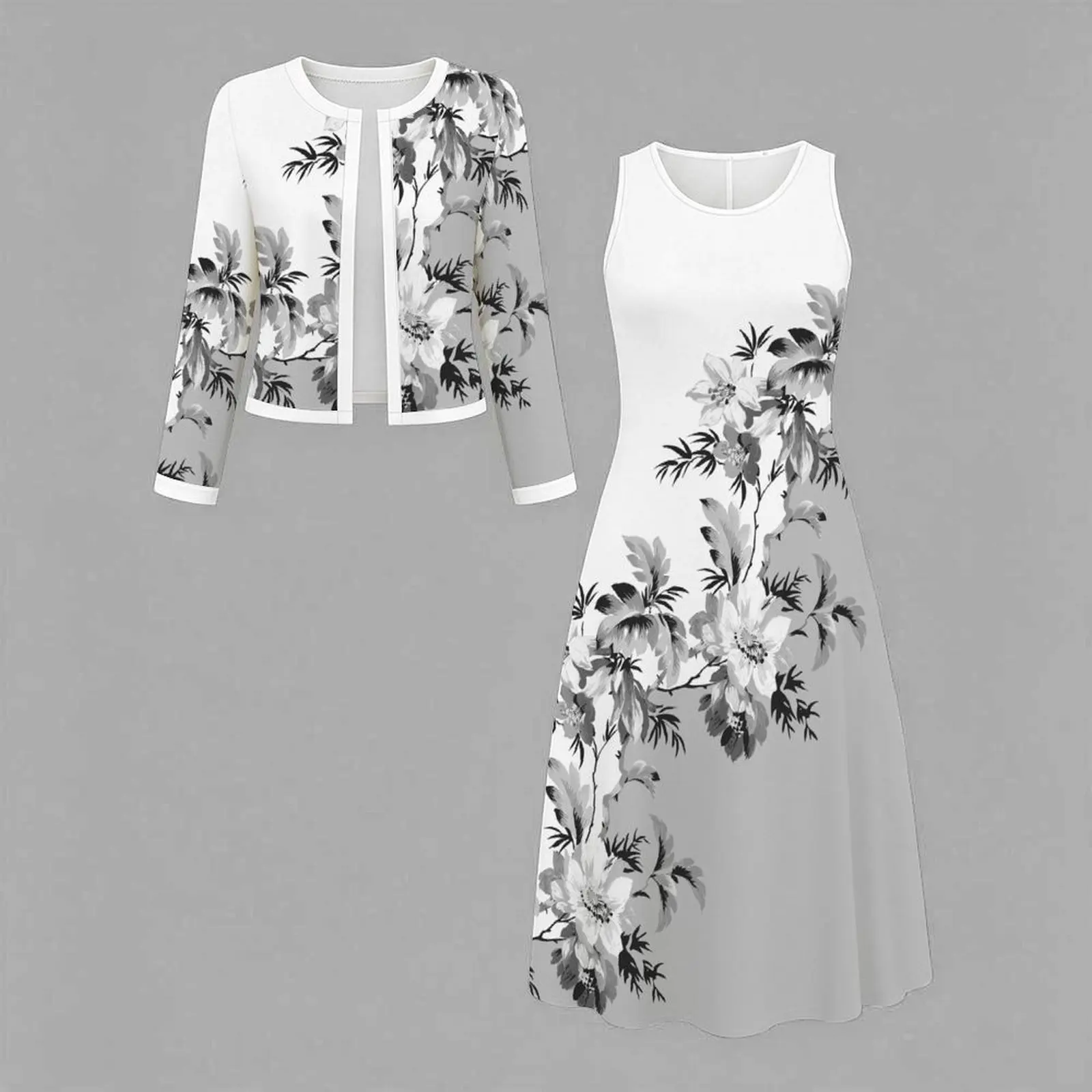 2pcs Fashion Retro Dress Round Neck Print Sleeveless Skirt Women's Daily Street Elegant Long-sleeve Coat