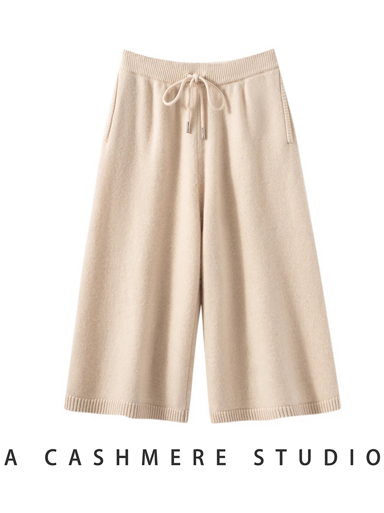 

CHICUU Women's 100% Cashmere Knit Pant Calf-length Pants Autumn Winter Thick Wide Leg Pants Cashmere Knitwear Casual Style