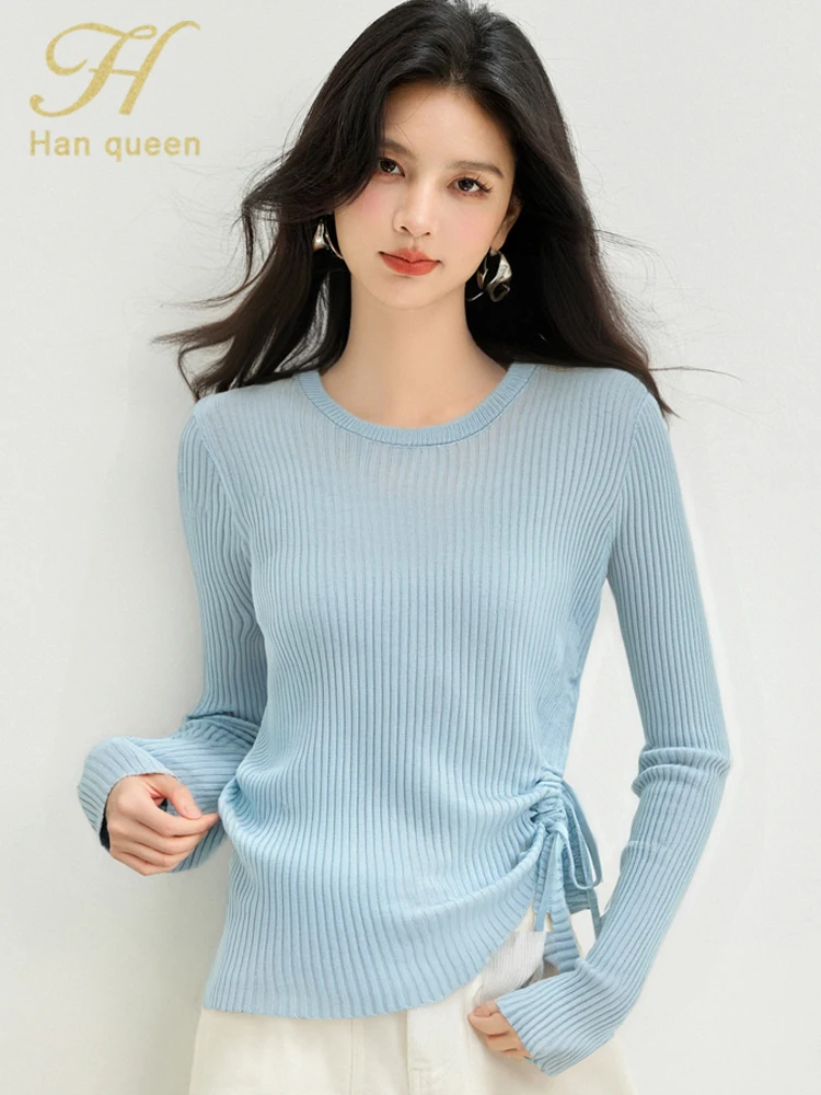 

H Han Queen, новые осенне-зимние корейские пуловеры на шнурке, женские элегантные простые винтажные трикотажные свитера с длинными рукавами и круглым вырезом, рабочие свитера