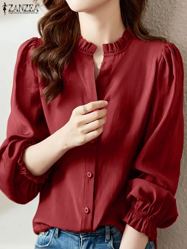 ZANZEA Autumn Vintage Solid Blouse Woman Long Sleeve V-Neck Shirt Female Casual Ruffles Tunic Tops Elegant Button Blusas 2023