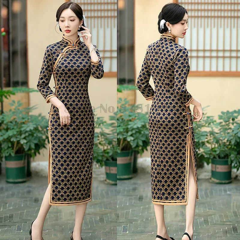 

Cheongsam с клетчатым принтом, женское улучшенное темпераментное традиционное китайское платье, винтажное элегантное тонкое классическое платье Qipao Vestidos