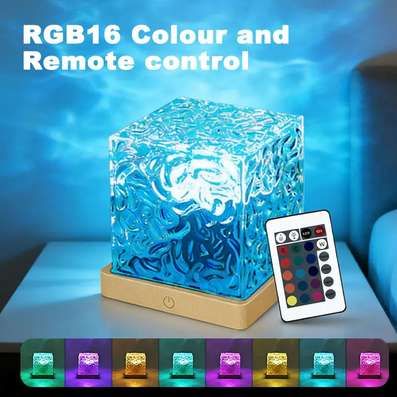 

USB Ocean Wave Projector Light RGB 16 Colors Cube Night Lamp& Remote Home Decoration for Bedroom,Living Room