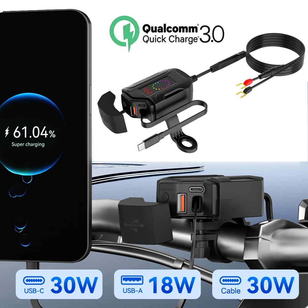 

78W 3 in 1 with Retractable Cable PD+QC3.0 Motorcycle USB Charger Waterproof Quick Phone Charger with Digital Voltmeter & Switch