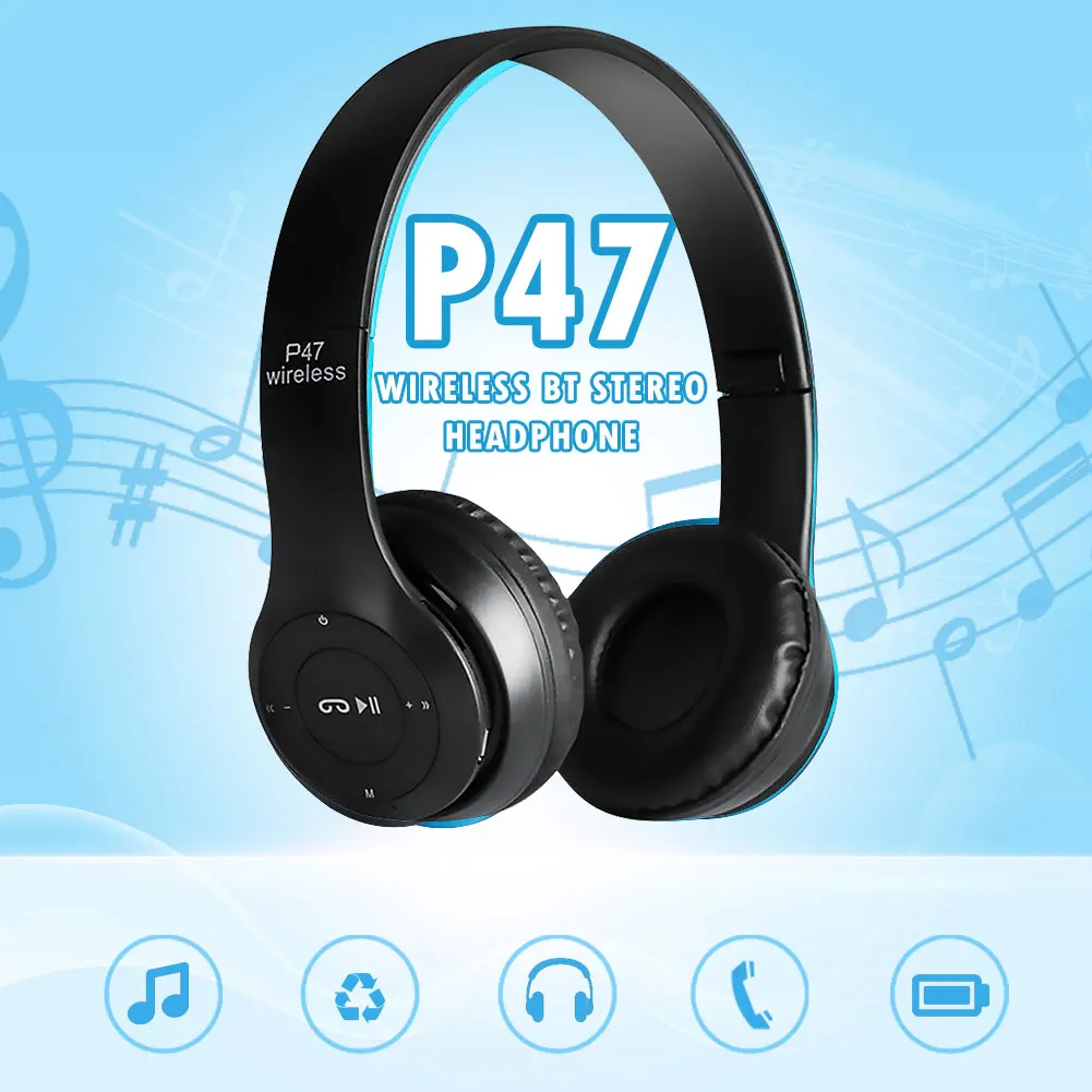 P47 Wireless Headset Over Ear Headphones Noise Cancelling Bluetooth-Compatible 5.0 Sports Game Headset Built-in Mic Mp3 Player