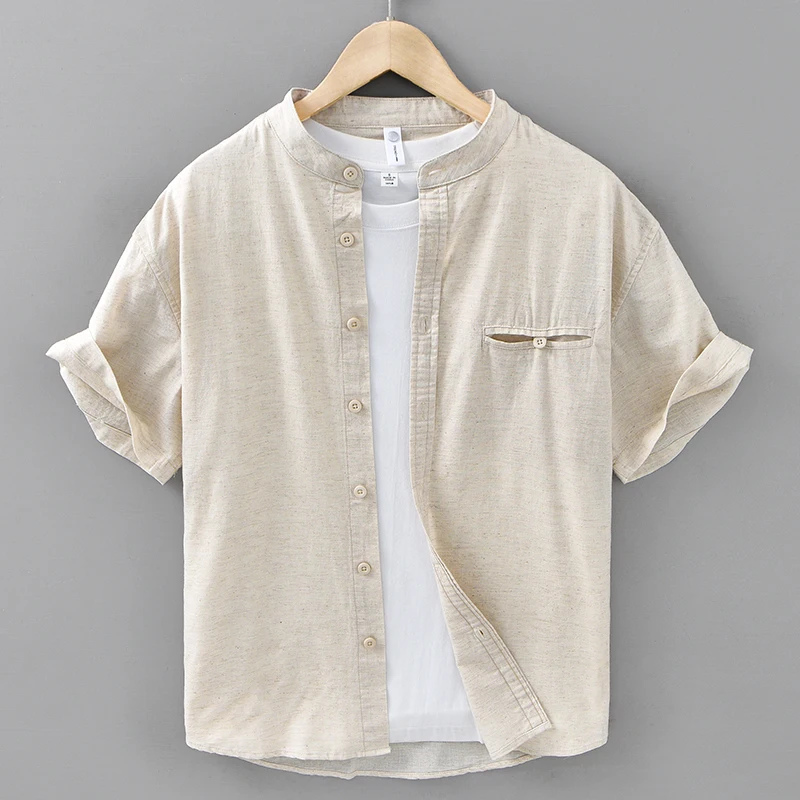 

2026 Summer New Breathable Linen Solid Color Short Sleeve Shirt for Men Clothing Stand Collar Shirts