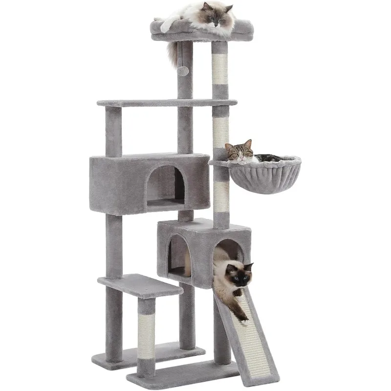 Cat Tree, 60 Inches Cat Tower with Dual Condos, Spacious Perch, Cozy Basket and Scratching Posts for Indoor Cats