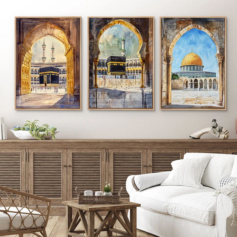 Al-Aqsa Mosque Kaaba Islamic Canvas Poster Watercolors Decorative Painting Modern HD Pictures For Living Room Home Decor Cuad