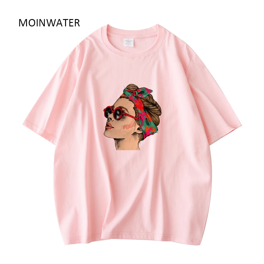 MOINWATER Women 100% Cotton Short Sleeve Casual Tees Tops Female Pink White Fashion Printed T shirts for Summer MT22020