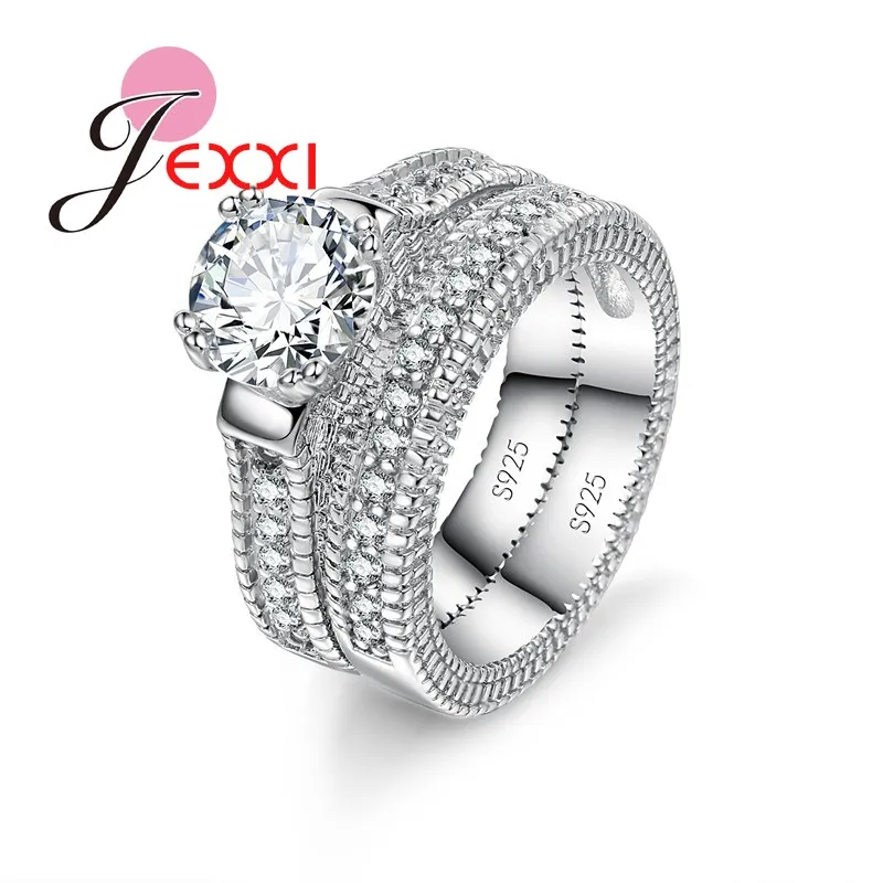 Elegancja 925 Sterling Silver 2 PCS Zestaw pierścionków Paved Full Wysokiej jakości błyszczące kryształy Anel dla kobiet Biżuteria ślubna panny młodej