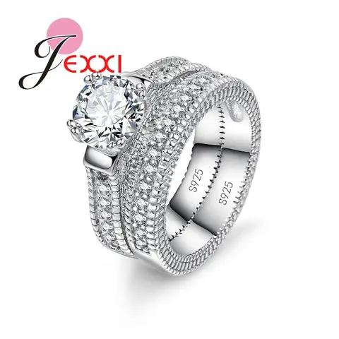 Elegance 925 Sterling Silver 2 PCS Ring Set Paved Full High Quality Shiny Crystals Anel For Women Bride Wedding Jewelry