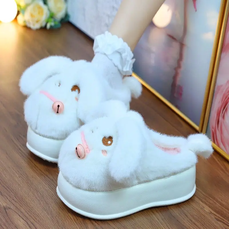 New super soft pink bunny slippers winter women\'s warm high platform furry mules shoes with bells woman plush rabbit flip flops