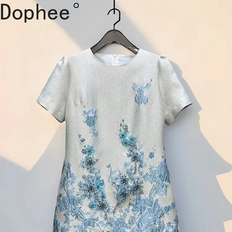 Luxury Heavy Jacquard Fabrics Women Short Sleeve Dress High Quality Sequins Beads Diamonds O-neck Elegant Slim A-line Lady Dress