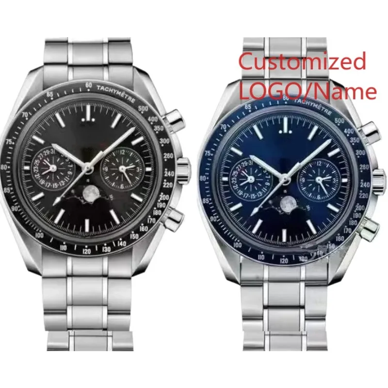 Роскошные автоматические механические часы MoonPhase из нержавеющей стали, черный, синий, керамический безель, сапфировое стекло, 42 мм по индивидуальному заказу